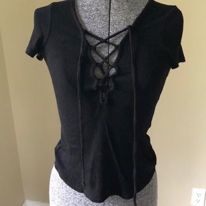 Urban Outfitters Black Ribbed Lace-Up T-Shirt